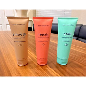 SPA SCENTIALS - SMOOTH, REPAIR, CHILL FOOT CARE CREME & SCRUBB- NEW - 3 TOTAL